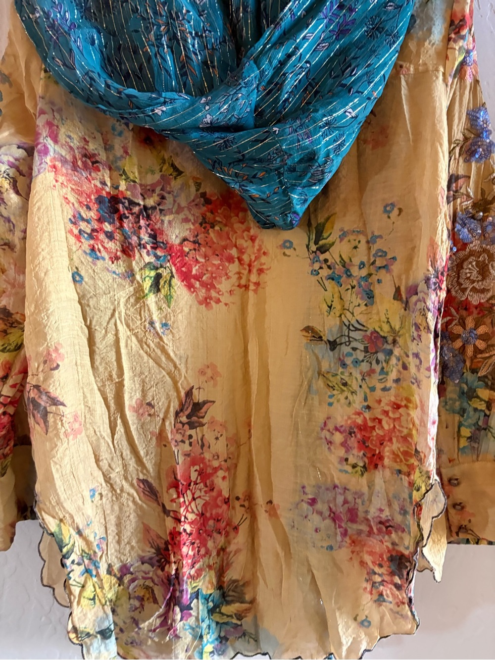 NWT Aratta Bohemian Floral Open-Front Jacket with Teal Trim - Picture 5 of 7
